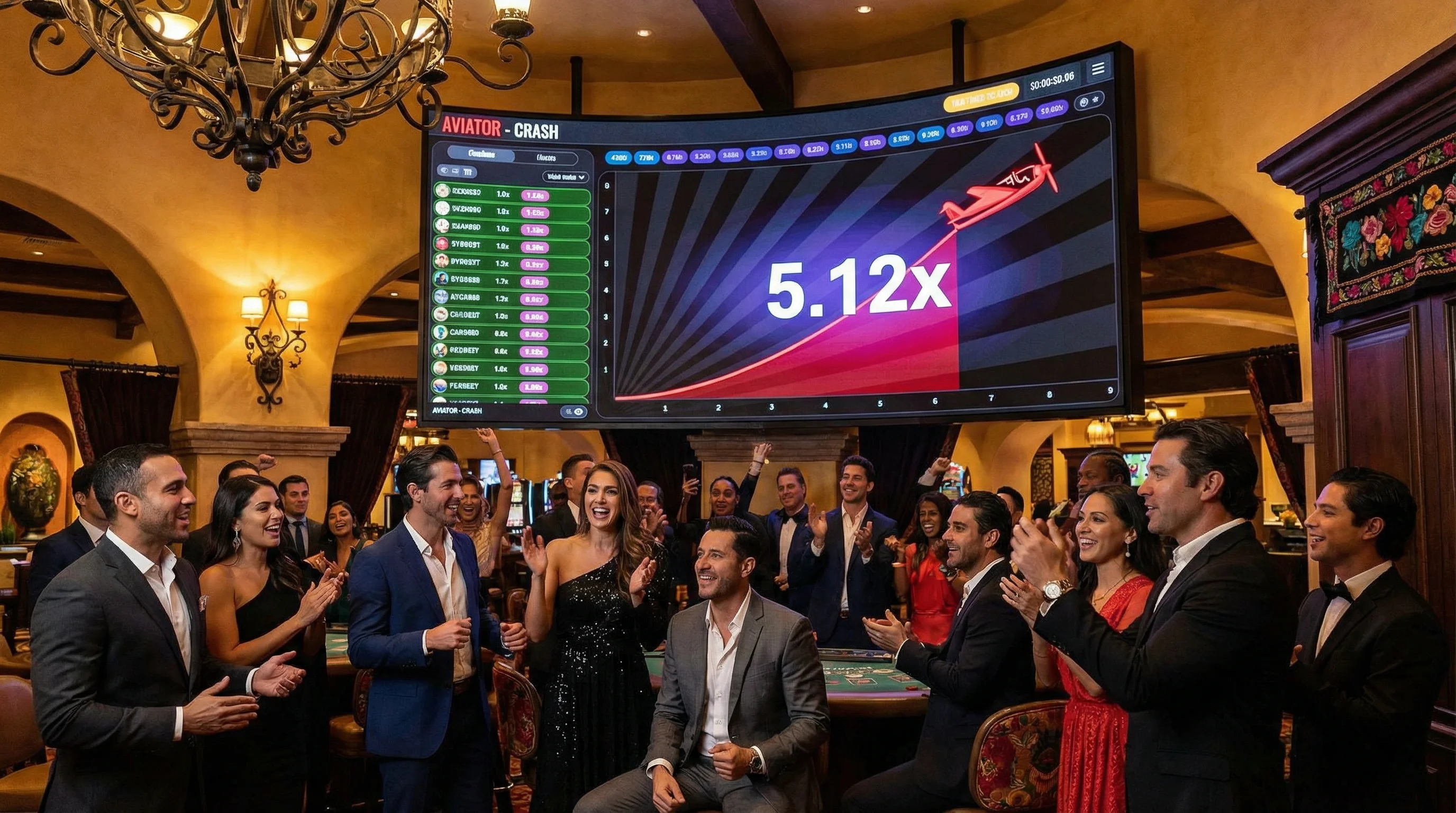 Juego Aviator con multiplicadores en pantalla grande y jugadores emocionados